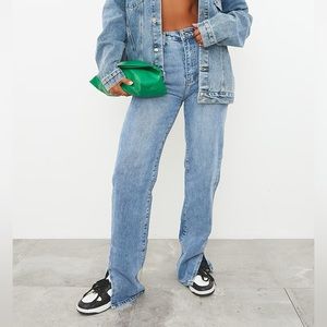 Pretty Little Thing Mid Blue Wash Split Hem Straight Leg Jeans